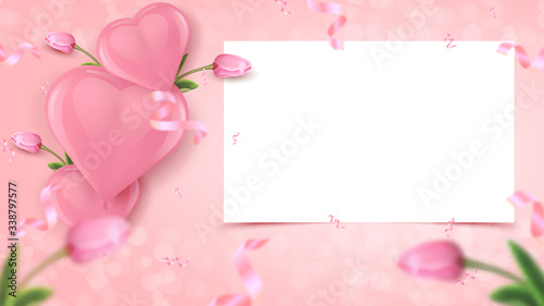 Festive banner design with white frame, pink heart shaped balloons, tulips and falling foil confetti on rosy background © EGerman