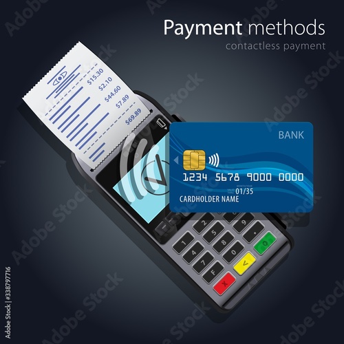 Contactless Payment Methods wireless POS Terminal and bank credit card realistic style icons on dark background. Design concept of process contact less payments.