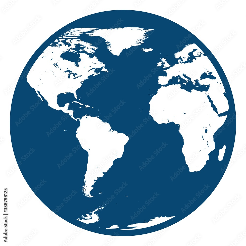 Earth Globe view of America Africa Europe. Flat blue silhouette planet Earth icon isolated on white background.