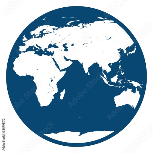 Earth Globe view of Asia Africa. Flat blue silhouette planet Earth icon isolated on white background.