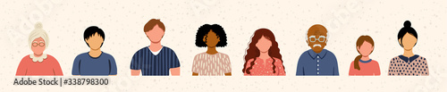 Set of people of different nationalities and ages. Bundle of people avatars. Kit of colorful portraits. Characters faces of men and women. Vector illustration in flat style.