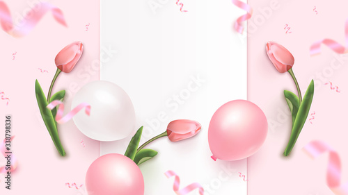 Holiday banner design with white frame, pink and white air balloons, falling foil confetti and tulips on rosy background