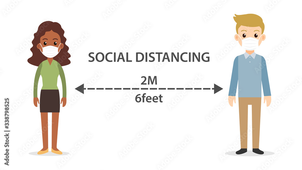 Social distancing black man and woman character wearing medical mask maintain to prevent from virus Social distancing black man and woman character wearing medical mask maintain to prevent from virus