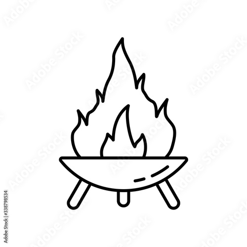 Fire Pit on three legs. Symbol of making campfire outdoors and traveling. Diwali festival icon. Line art round bonfire bowl. Black illustration for camping. Contour isolated vector on white background