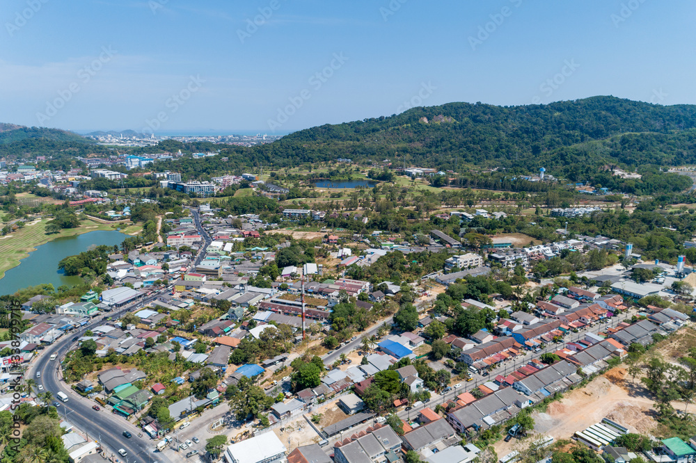 Aerial view drone shot of modern houses village in thailand.