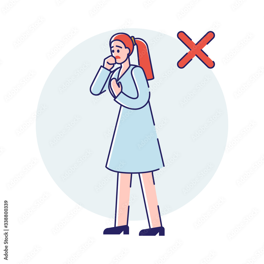 Concept Of Viral Infection Protection During Coronavirus Epidemic. Infographic With Infected Woman Feeling Virus Symptoms Without Protective Face Mask. Cartoon Linear Outline Flat Vector Illustration Concept Of Viral Infection Protection During Coronavirus Epidemic. Infographic With Infected Woman Feeling Virus Symptoms Without Protective Face Mask. Cartoon Linear Outline Flat Vector Illustration