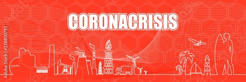 Coronavirus pandemic concept. Industrial and tropical recreation relative silhouettes. Woman posing with surfboard,cruise ship, palm and lifeguard tower.