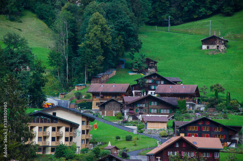 View of the mountain village grindelwald.
The Storm is Coming In Switzerland.
Grindelwald, Switzerland aerial village view and summerSwiss Alps mountains panorama landscape