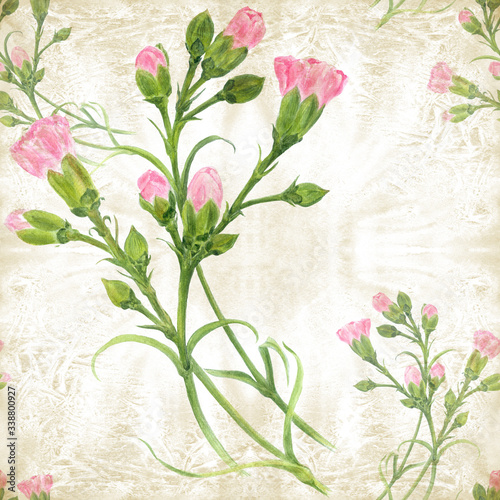 Carnation flowers on the background of watercolor. Seamless background. Branches with buds and leaves. Watercolor. Use printed materials, signs, objects, sites, maps, posters, postcards, packaging.
