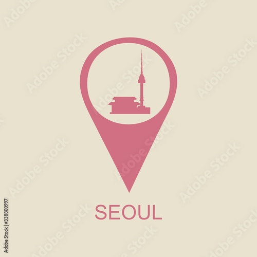 Namsan tower in Seoul and pagoda icons in location pointer photo