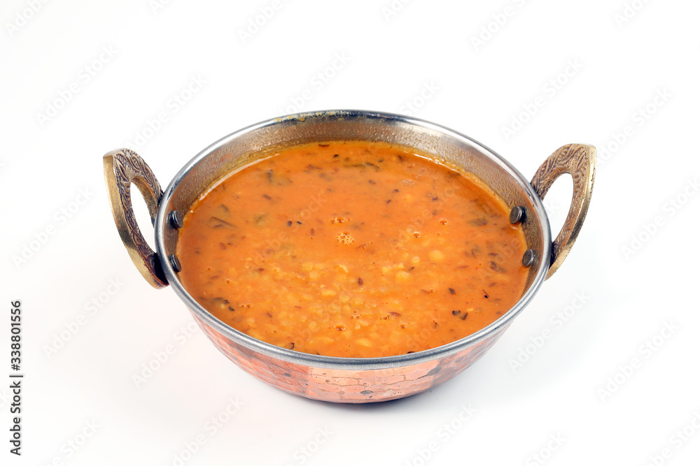 indian style dal lentil tarka spicy ghee fried dish in brass karai bowl