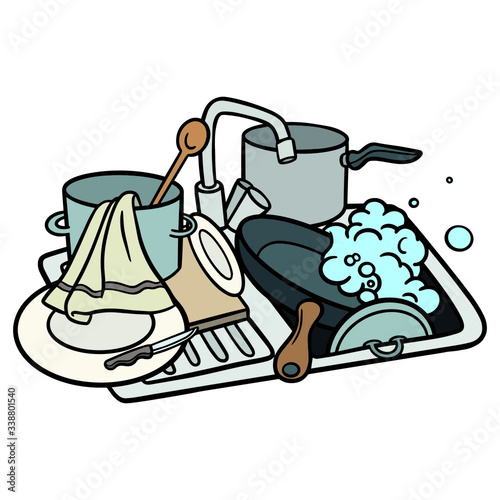Sink with dirty dishes. pan, knife, cutting board, dish towel, foam.
