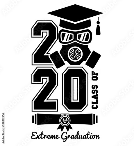 2020 Quarantine extreme graduation party. Graduate in a respirator and goggles. Concept for the design of a greeting card, logo, flyer, t-shirt design. Illustration, vector