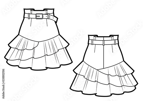 Multilayer skirt flat sketch, Skirt fashion technical drawings, vector template.