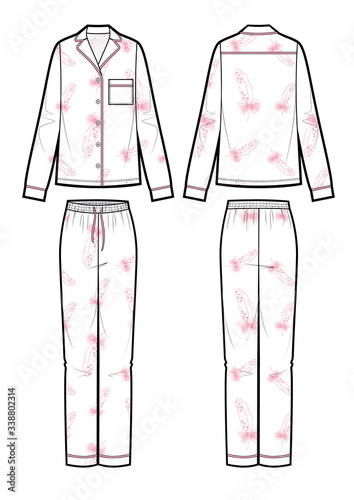 Silk pajama set with feather print. Cardigan and pants.