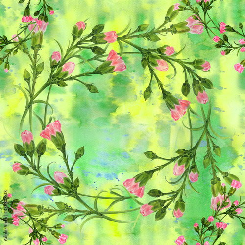 Carnation flowers on the background of watercolor. Seamless background. Branches with buds and leaves. Watercolor. Use printed materials, signs, objects, sites, maps, posters, postcards, packaging.