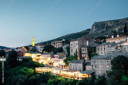 Night of Neretva riverside old town panorama view in Mostar, Bosnia and Herzegovina