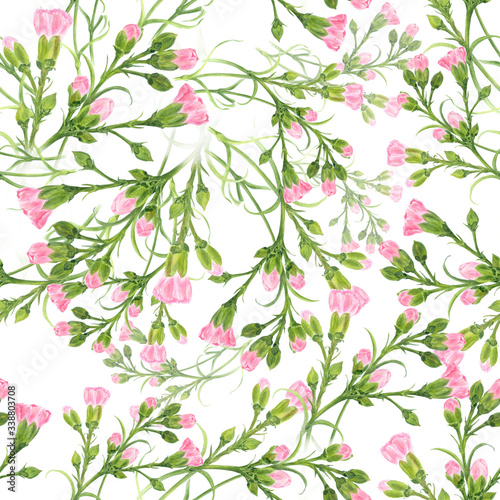 Carnation flowers on the background of watercolor. Seamless background. Branches with buds and leaves. Use printed materials, signs, objects, sites, maps, posters, postcards, packaging.