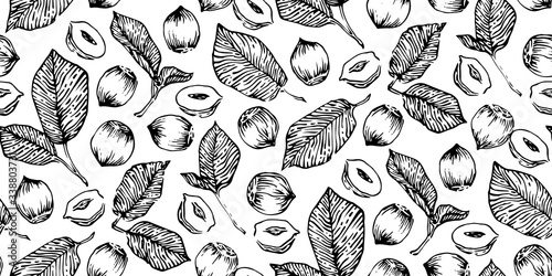 Hand drawn hazelnuts seamless vector illustration, black ink drawing sketch pattern on white background