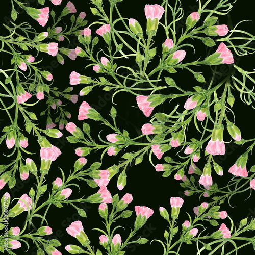 Carnation flowers on a dark background. Seamless background. Branches with buds and leaves. Botanical watercolor. Use printed materials, signs, objects, sites, maps, posters, postcards, packaging.