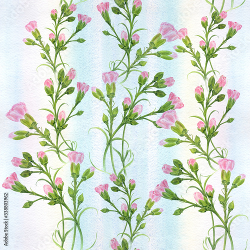 Carnation flowers on the background of watercolor. Seamless background. Branches with buds and leaves. Use printed materials, signs, objects, sites, maps, posters, postcards, packaging.