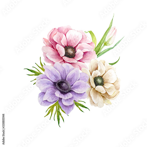 bouquet with delicate flowers of pink and lilac anemones, watercolor illustration. bouquet for wedding invitations