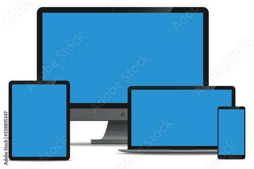 Mock up set of Desktop Computer, Laptop, Tablet and Smartphone realistic style mockup device set icons for user interface applications and responsive web design with a blue screen.