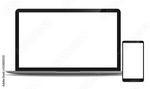 Mock up set Laptop and Smartphone realistic style mockup device set icons for user interface applications and responsive web design with a blank screen.