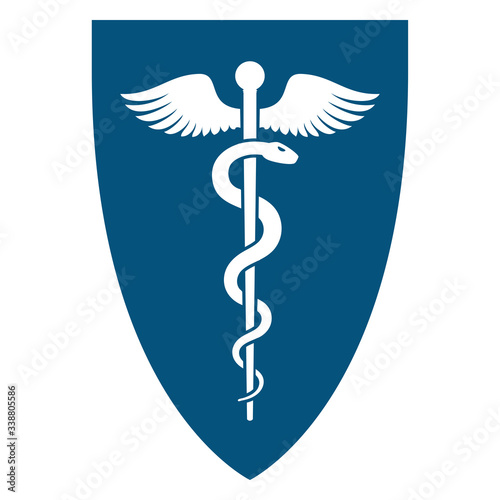 Medical sign symbol - Staff of Asclepius or Caduceus with wings icon on the flat shield. The snake entwined around a wooden staff with wings. Other name Rod of Aesculapius.