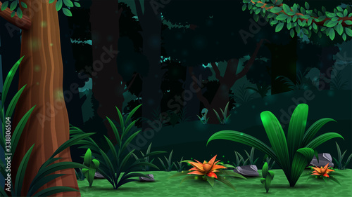 A magical forest with beautiful flowers, dense dark forest and dense vegetation. Vector landscape, wild forest on a clear Sunny day.