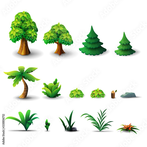 Large collection of trees and shrubs isolated on a white background. Pine trees, deciduous trees, palms, shrubs and flowers in a cartoon three-dimensional style for your creativity