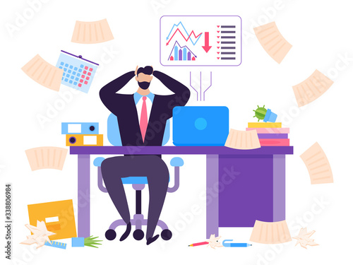 Default in stock market concept, collapse securities vector illustration. Man sitting at table, shocked by falling price his shares. Problem on stock market, broker work at risk, danger.