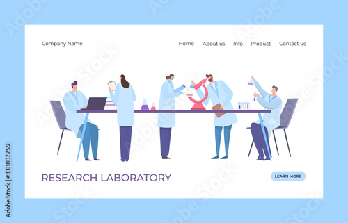 Genetic research clinic laboratory landing concept vector illustration. DNA laboratory web page. Man and woman in medical coat conducting experiments, chemical reactions at common table.
