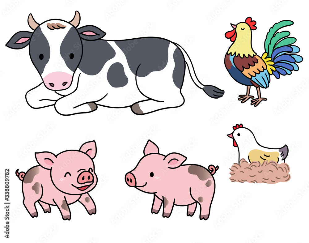 Farm animals, cows are lying on the ground,The piglets are covered with mud,A cock with raised head and a hen hatching eggs Farm animals, cows are lying on the ground,The piglets are covered with mud,A cock with raised head and a hen hatching eggs