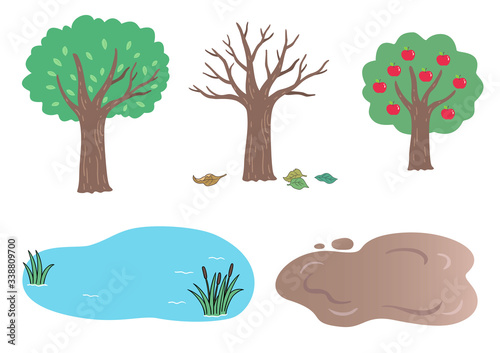 3 different types of trees, including dead branches and apple trees, ponds and mud ponds