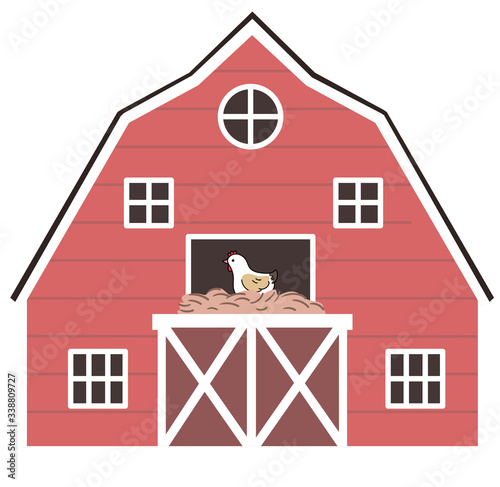 Red barn,There is a henhouse above the gate and the hen is hatching eggs