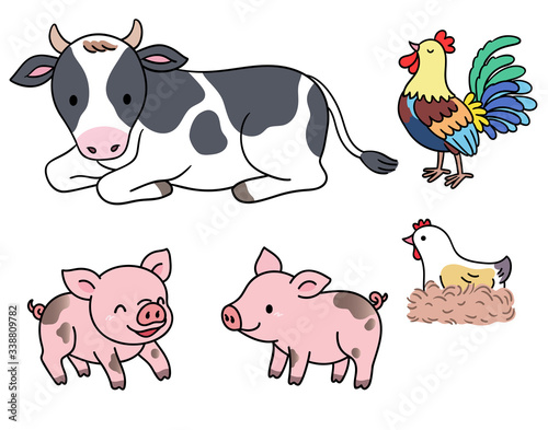 Farm animals, cows are lying on the ground,The piglets are covered with mud,A cock with raised head and a hen hatching eggs