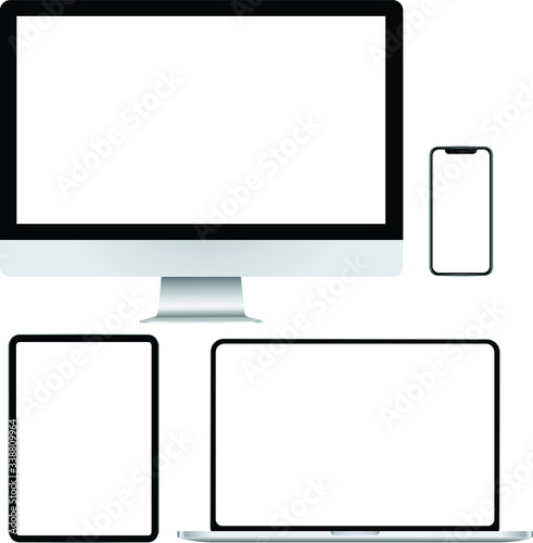 Realistic Computer, Laptop, Tablet and Smartphone with Blank Wallpaper Screen Isolated on White Background.  photo