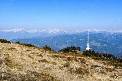 TV tower on "Mugel" mountain near "Leoben" city in styria, Austria on a sunny day