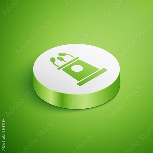 Isometric Stage stand or debate podium rostrum icon isolated on green background. Conference speech tribune. White circle button. Vector Illustration