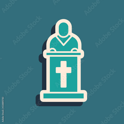 Green Church pastor preaching icon isolated on green background. Long shadow style. Vector Illustration