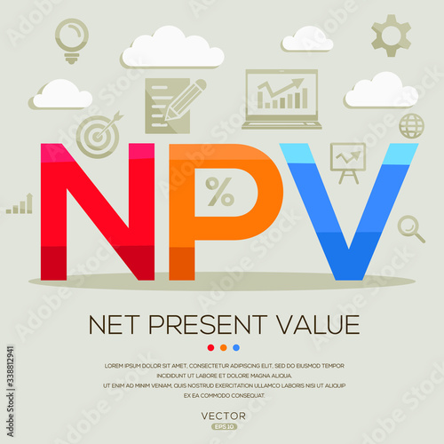 NPV mean (net present value) ,letters and icons,Vector illustration.