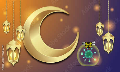 ramadan kareem vector, gold moon and lantern, greeting card