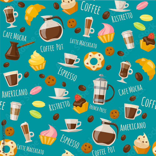 Coffe style seamless pattern with drinks and sweets and lettering.