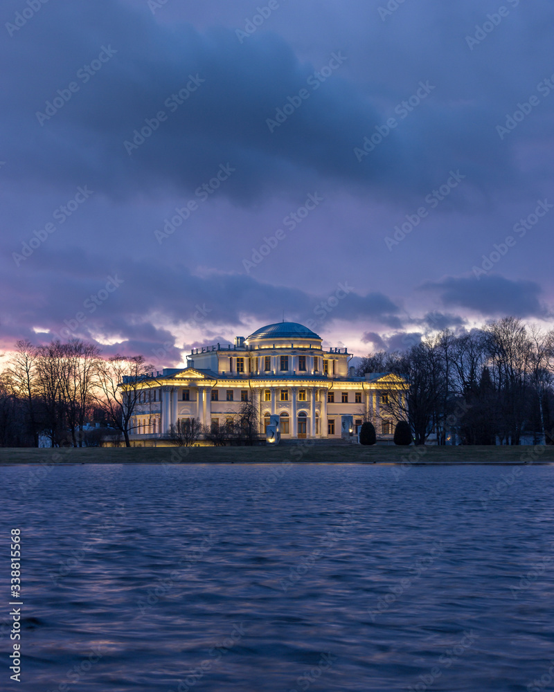 Elagin Palace on Elagin Island in St. Petersburg at the Neva River Delta. The famous cultural and entertainment place of the townspeople. Music events and festivals. Best place to stay