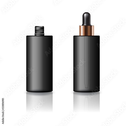 Blank black cylinder cosmetic bottle with dropper lid for beauty or healthy product. Isolated on white background with reflection shadow. Ready to use for package design. Vector illustration.