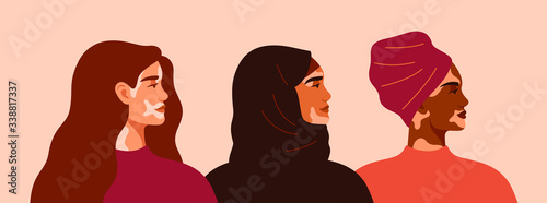 Three women with vitiligo of different nationalities standing together. Concept to support people living with vitiligo and to build awareness about chronic skin disorder.Vector illustration