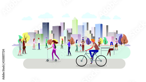 People in the city. Color cityscape ecology. People using mobile internet technology. Building panorama background. vector illustration. 