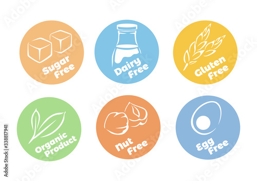 Healthy food icon set. Gluten free, dairy free, organic product. Egg, sugar and nut free. Vector simple flat illustration. Organic dietary eating. Circle sticker, label.