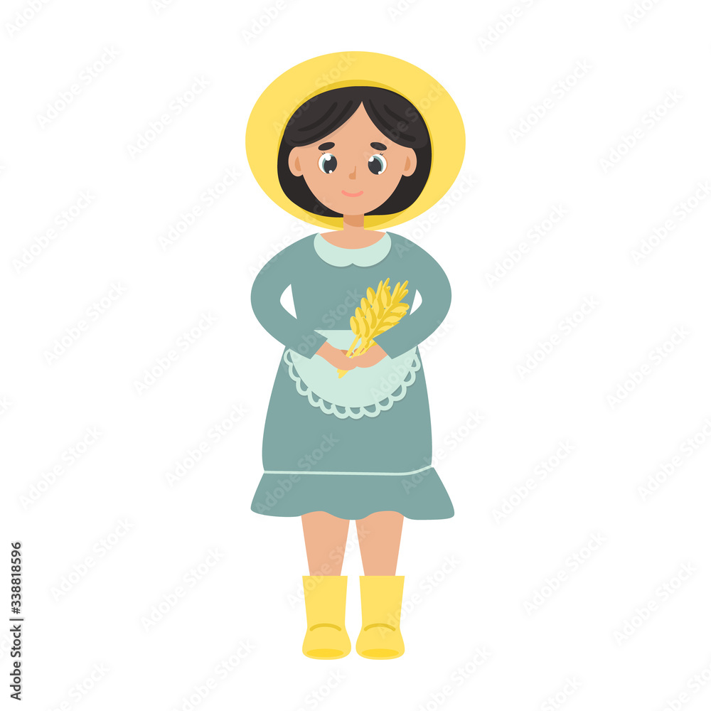 Cute farm girl in dress, pinafore and hat holding wheat. Countryside rural woman. Agricultural character concept. Eco lifestyle. Vector cartoon flat illustration isolated on white background Cute farm girl in dress, pinafore and hat holding wheat. Countryside rural woman. Agricultural character concept. Eco lifestyle. Vector cartoon flat illustration isolated on white background